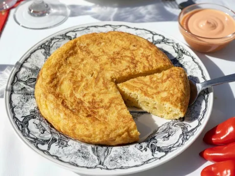 Tortilla de patatas con mayonesa de piquillo